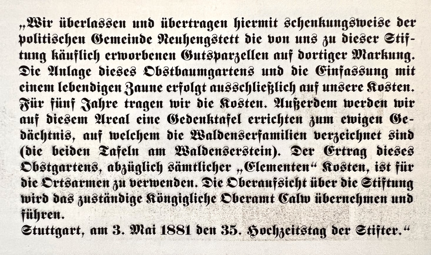 Das historische Schreiben zur Stiftung des Waldensersteins